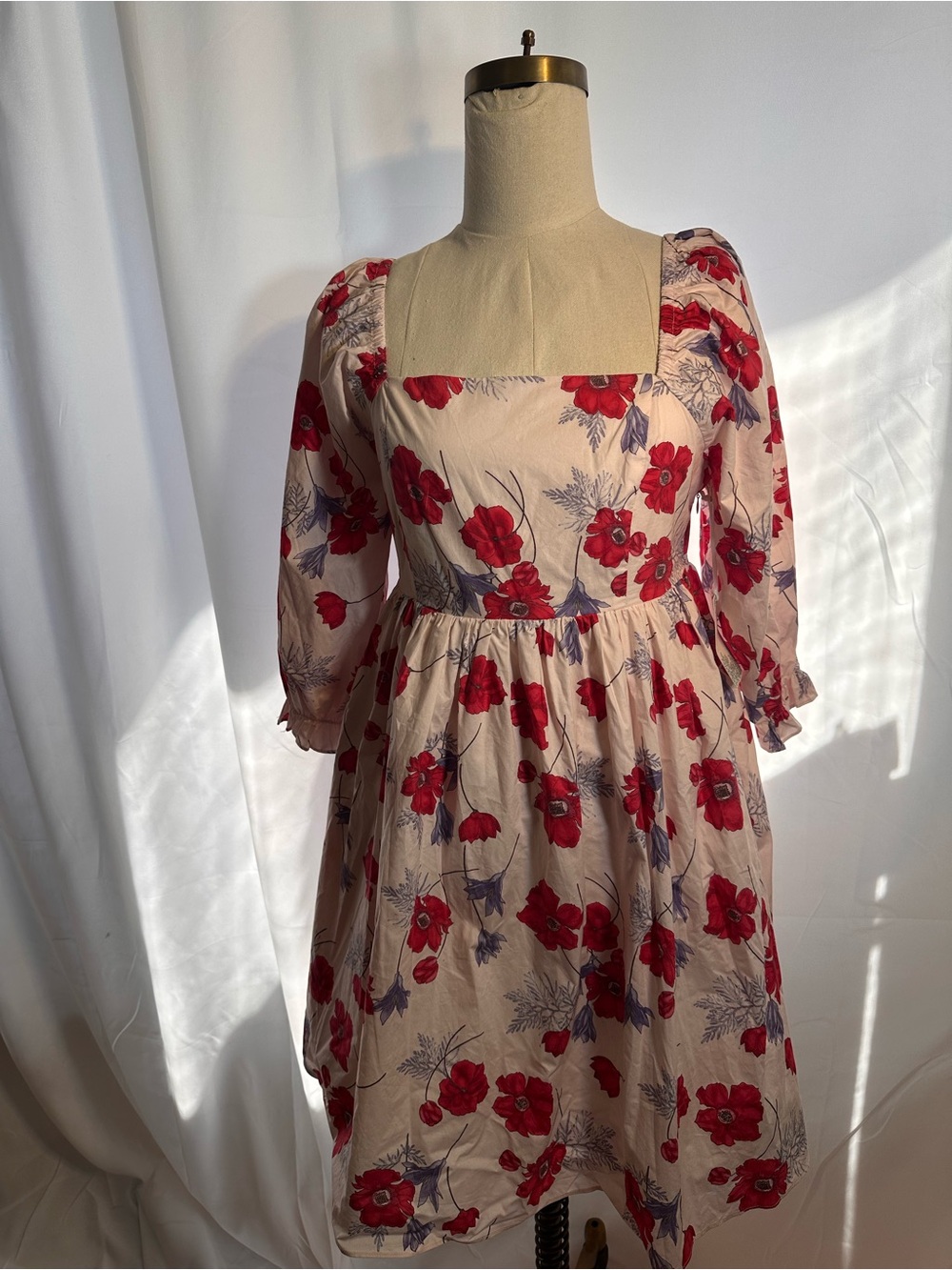 Hyacinth House Square Neck Floral Midi Dress in Cream and Red NWT